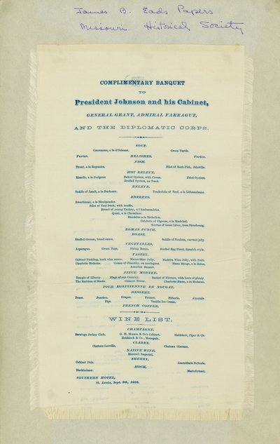 Inkluderer menu og konvolut til middag til ære for Andrew Johnson og andre embedsmænd. Trykt på silke af Unbekannt Unbekannt